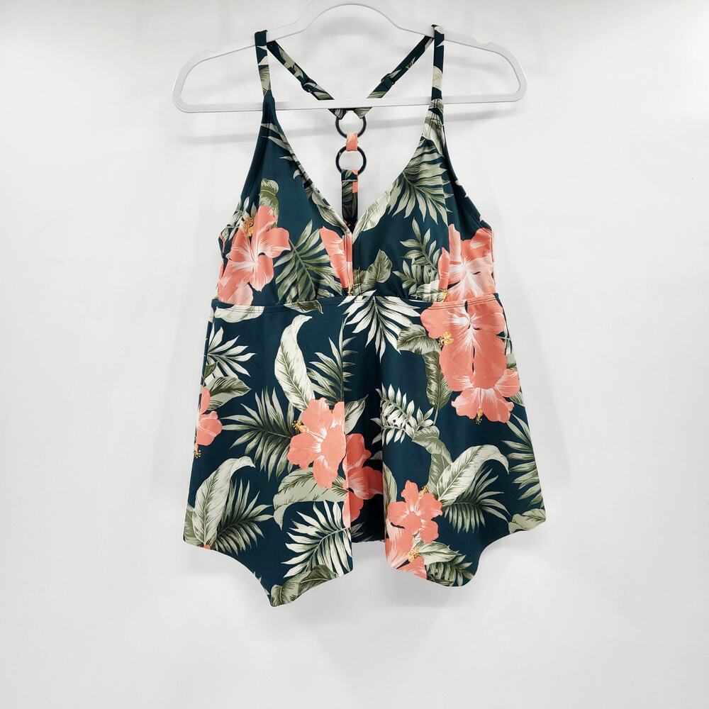 Kona Sol Green Pink Tropical Floral Print Tankini Swim Top Women’s Plus Size 14W